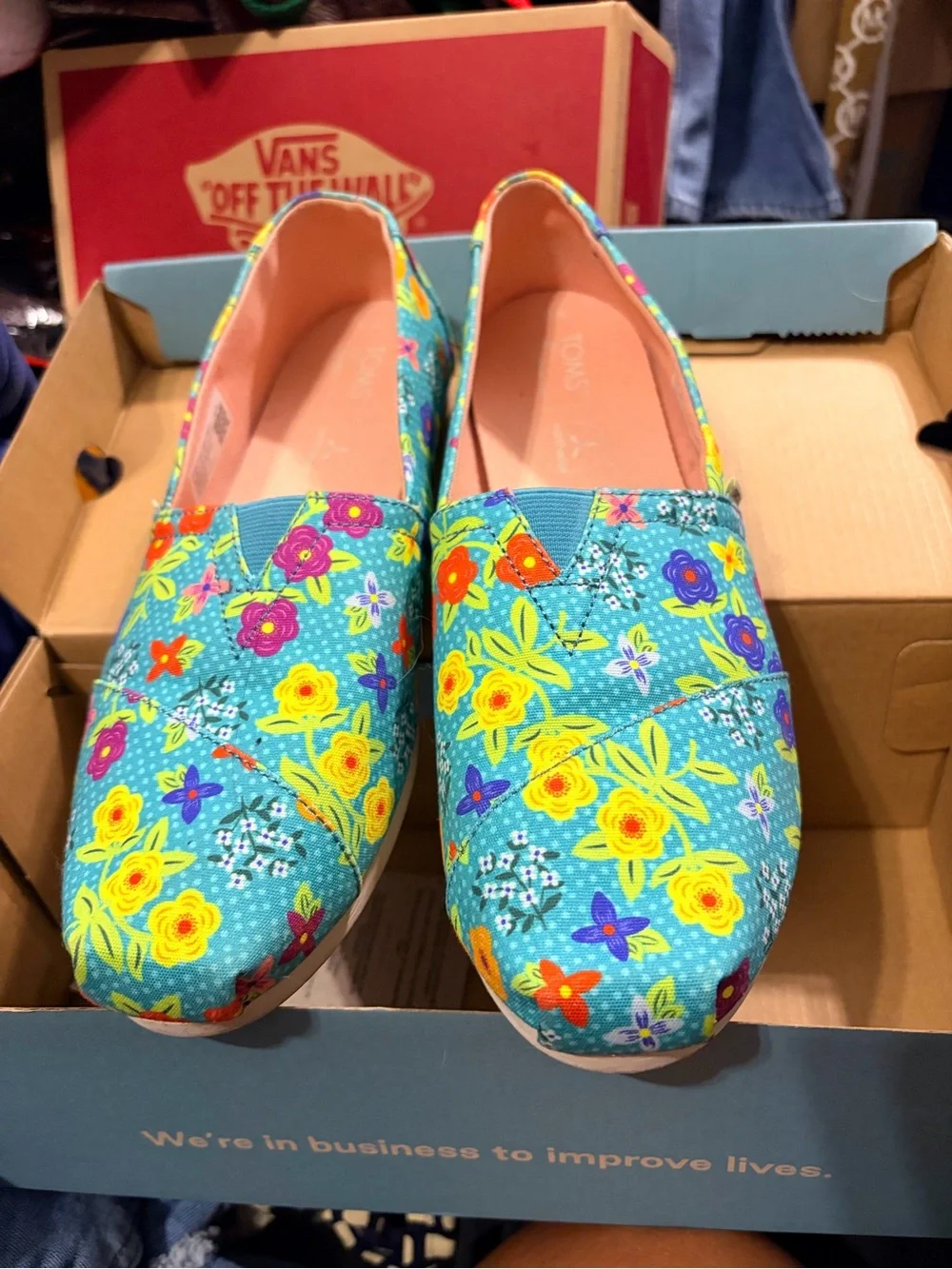 Toms Turquoise Floral Slip-On Moccasins with Yellow & Purple Flowers